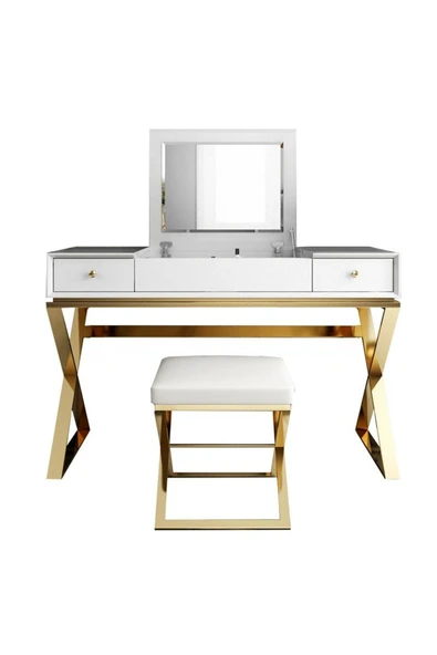 Hitit Dekorasyon Alisha Gold Metal Beyaz Makyaj Masası & Tabure