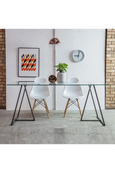 Hitit Dekorasyon Trest Siyah Metal Cam Yemek Masası