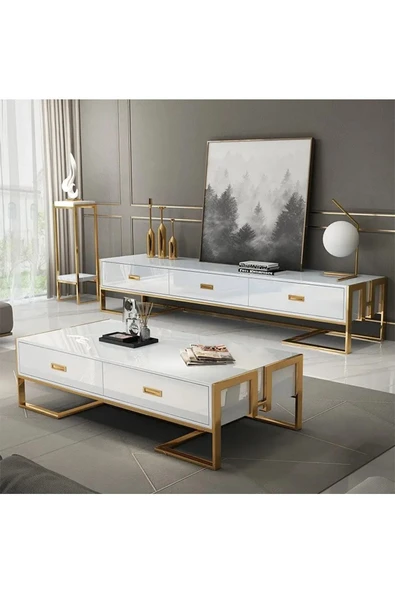 Hitit Dekorasyon Barbara Gold Metal Beyaz Orta Sehpa - 2