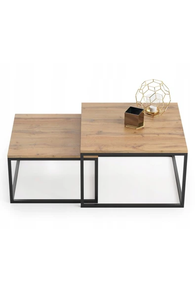 Hitit Dekorasyon Kawo Siyah Metal Ahşap Ikili Orta Sehpa Meşe - Resim 2
