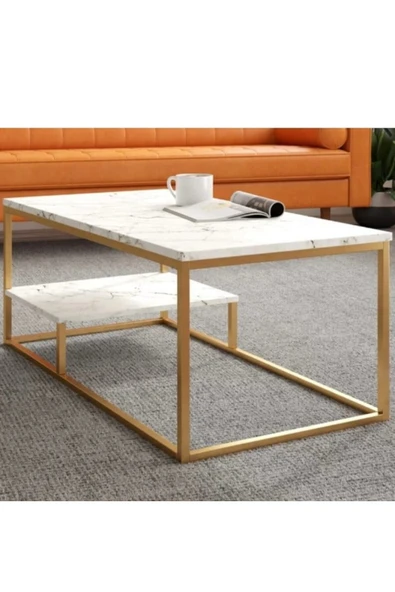 Hitit Dekorasyon Perus Beyaz Ahşap / Gold Metal Orta Sehpa - Resim 4