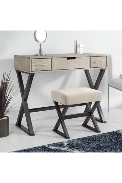 Hitit Dekorasyon Azure Siyah Metal Açık Kahve Makyaj Masası Tabure - 2