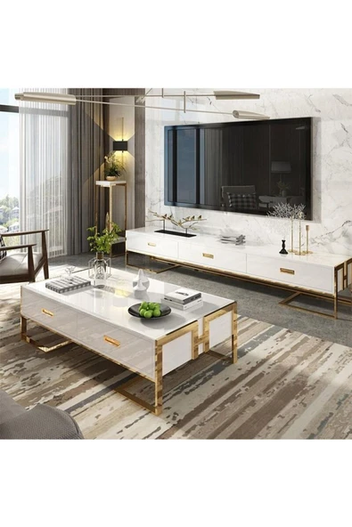 Hitit Dekorasyon Barbara Gold Metal Beyaz Orta Sehpa - 3