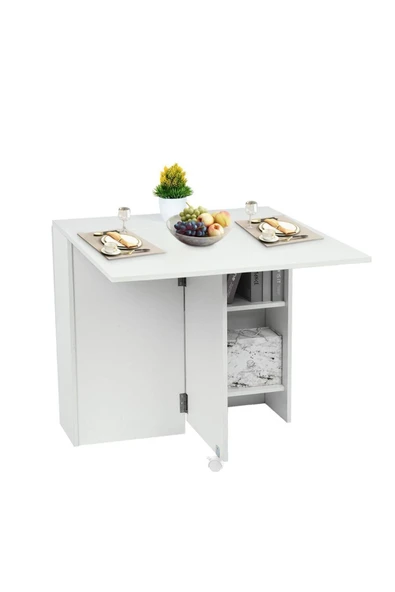 Hitit Dekorasyon Silvia Beyaz Ahşap Katlanır Yemek Masası - 6