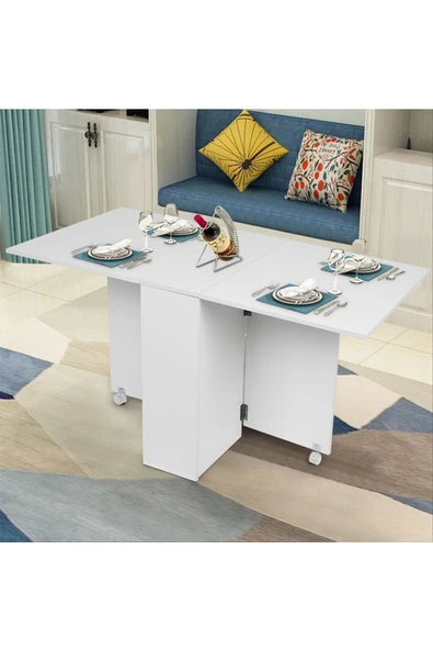 Hitit Dekorasyon Silvia Beyaz Ahşap Katlanır Yemek Masası - 3