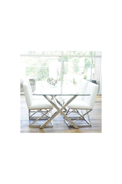 Hitit Dekorasyon Emili Paslanmaz Metal Cam Yemek Masası - 3