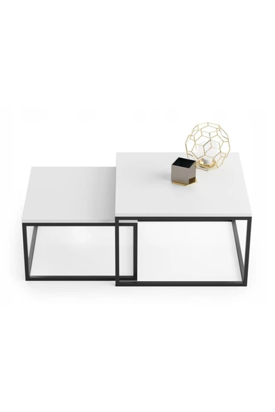 Hitit Dekorasyon Kawo Siyah Metal İkili Orta Sehpa Beyaz ürün görseli 1