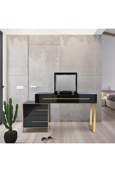 Hitit Dekorasyon Cristina Siyah Gold Metal Makyaj Masası - 2