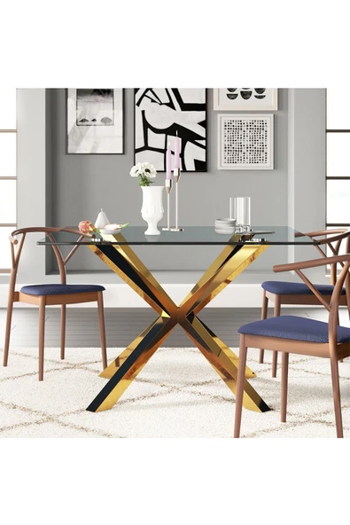 Hitit Dekorasyon Erika Gold Metal & Cam Kare Yemek Masası - 2