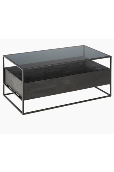 Hitit Dekorasyon Cora Siyah Metal Çekmeceli Cam Orta Sehpa