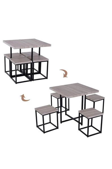 Hitit Dekorasyon Agloc Siyah Metal Ahşap Yemek Masası Seti - 3