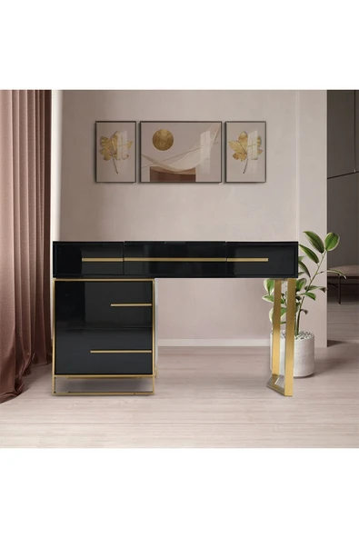 Hitit Dekorasyon Cristina Siyah Gold Metal Makyaj Masası - 3