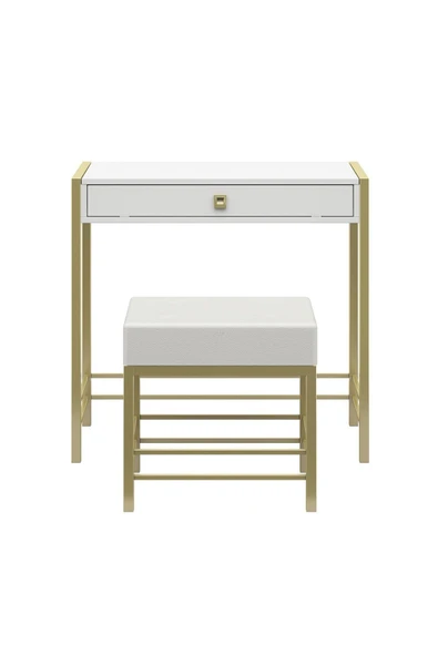 Hitit Dekorasyon Claudia Gold Metal Beyaz Makyaj Masası & Tabure - 5