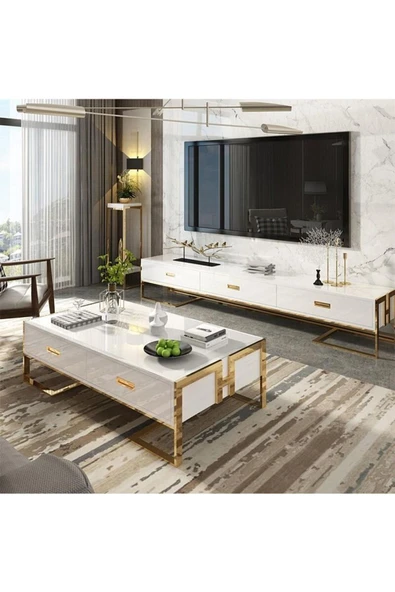 Hitit Dekorasyon Barbara Gold Metal Beyaz Tv Ünitesi - 5