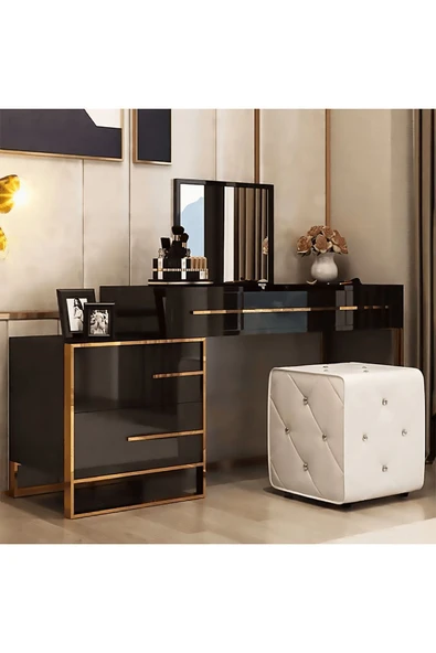 Hitit Dekorasyon Cristina Siyah Gold Metal Makyaj Masası - 4
