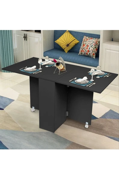 Hitit Dekorasyon Silvia Siyah Ahşap Katlanır Yemek Masası - 5