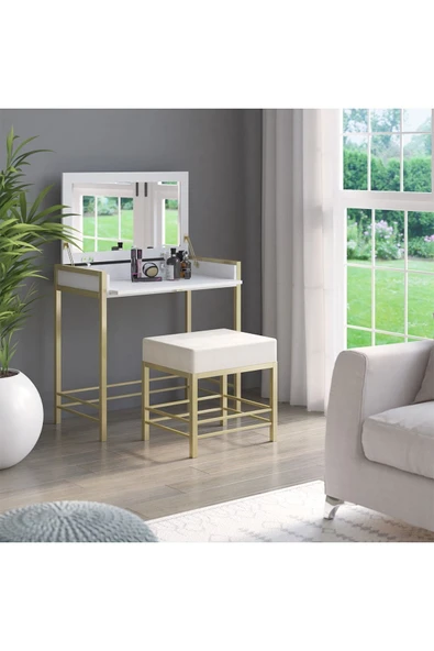 Hitit Dekorasyon Claudia Gold Metal Beyaz Makyaj Masası & Tabure - 3