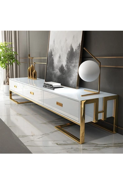 Hitit Dekorasyon Barbara Gold Metal Beyaz Tv Ünitesi - 2