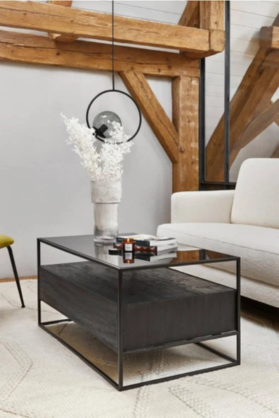 Hitit Dekorasyon Cora Siyah Metal Çekmeceli Cam Orta Sehpa - 3