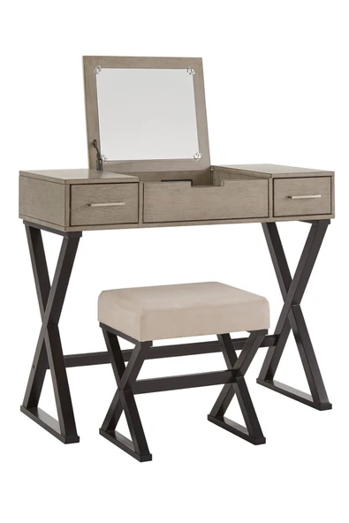 Hitit Dekorasyon Azure Siyah Metal Açık Kahve Makyaj Masası Tabure