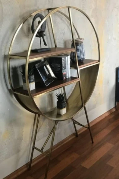 Hitit Dekorasyon Aşil Pirinç Eskitme Metal Yuvarlak Duvar Rafı Kitaplık - 2