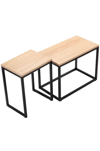 Hitit Dekorasyon Alix Siyah Metal Ahşap İkili Yan Sehpa - 3