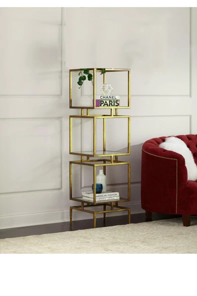 Hitit Dekorasyon Olope Gold Metal 3 Raflı Kitaplık Çiçeklik Gümüşlük Duvar Rafı