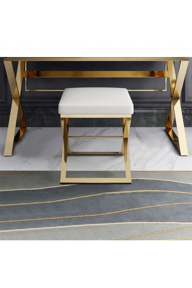 Hitit Dekorasyon Alisha Gold Metal Beyaz Makyaj Masası & Tabure - 5