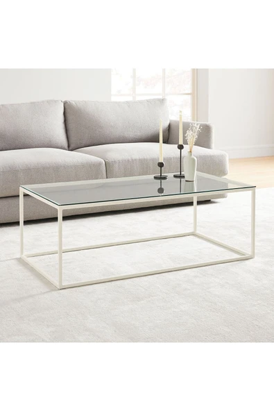Hitit Dekorasyon Stream Metal Orta Sehpa Beyaz Ayak Şeffaf Cam Tabla ürün görseli 1