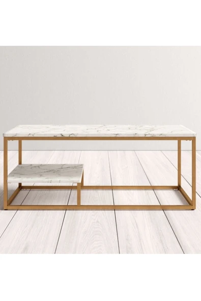 Hitit Dekorasyon Perus Beyaz Ahşap / Gold Metal Orta Sehpa - Resim 2