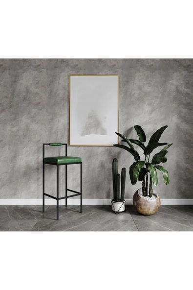 Hitit Dekorasyon Fact Siyah Metal Bar Sandalyesi Yeşil Deri - 2