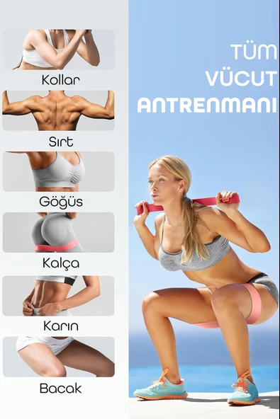 5’li Çantalı Pilates Direnç Bandı Seti | Egzersiz Squat Aerobik İçin Kapalı Uç Loop Lastik Pembe - 6