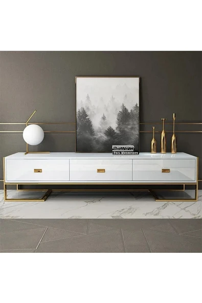 Hitit Dekorasyon Barbara Gold Metal Beyaz Tv Ünitesi