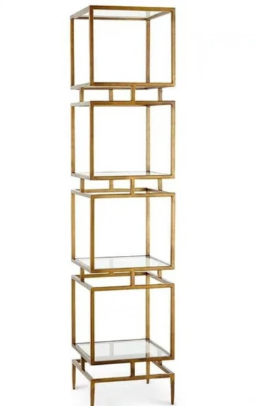 Hitit Dekorasyon Olope Pirinç Eskitme Metal 4 Raflı Kitaplık Çiçeklik Gümüşlük Duvar Rafı - 2