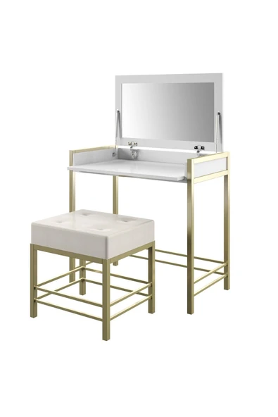 Hitit Dekorasyon Claudia Gold Metal Beyaz Makyaj Masası & Tabure
