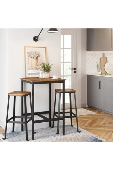 Hitit Dekorasyon Baro Siyah Metal Ahşap Yemek Masası Yüksek 60x60x90 - 3