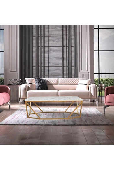 Hitit Dekorasyon Lavina Gold Metal Mermer Desenli Orta Sehpa - 4