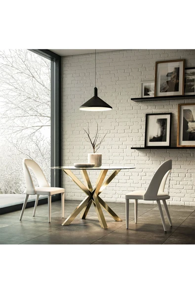 Hitit Dekorasyon Erika Gold Metal & Cam Yuvarlak Yemek Masası - 2