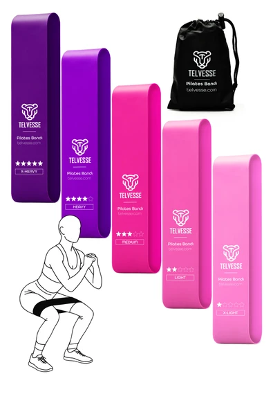 5’li Çantalı Pilates Direnç Bandı Seti | Egzersiz Squat Aerobik İçin Kapalı Uç Loop Lastik Pembe - 2
