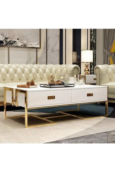 Hitit Dekorasyon Barbara Gold Metal Beyaz Orta Sehpa - 4