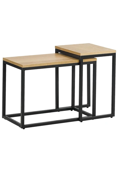 Hitit Dekorasyon Alix Siyah Metal Ahşap İkili Yan Sehpa