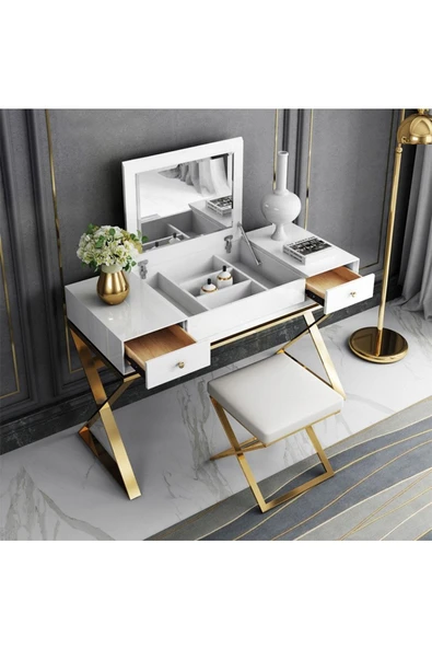 Hitit Dekorasyon Alisha Gold Metal Beyaz Makyaj Masası & Tabure - 4