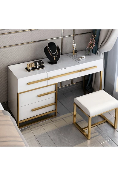 Hitit Dekorasyon Cristina Beyaz Gold Metal Makyaj Masası - 5