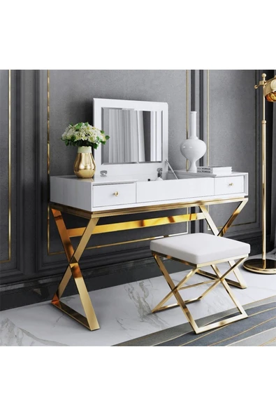 Hitit Dekorasyon Alisha Gold Metal Beyaz Makyaj Masası & Tabure - 2