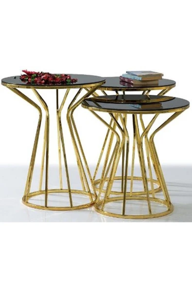 Hitit Dekorasyon Dorothe Gold Metal&Cam 3'lü Kum Sehpa Takımı - Resim 2