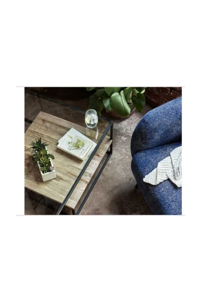 Hitit Dekorasyon Drual Siyah Metal Cam Ahşap Orta Sehpa - 3