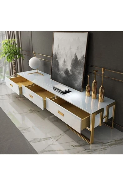 Hitit Dekorasyon Barbara Gold Metal Beyaz Tv Ünitesi - 3