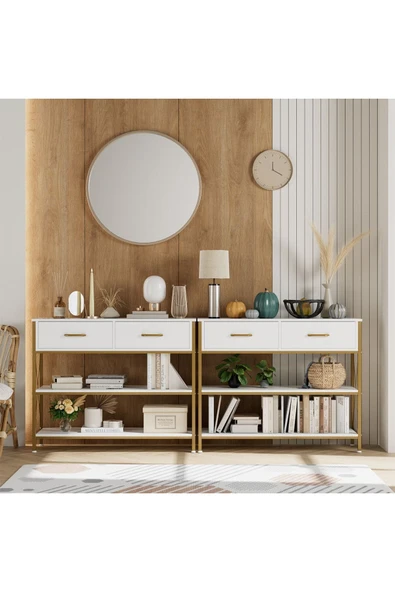 Hitit Dekorasyon Jennifer Gold Metal Beyaz Dresuar - Resim 3