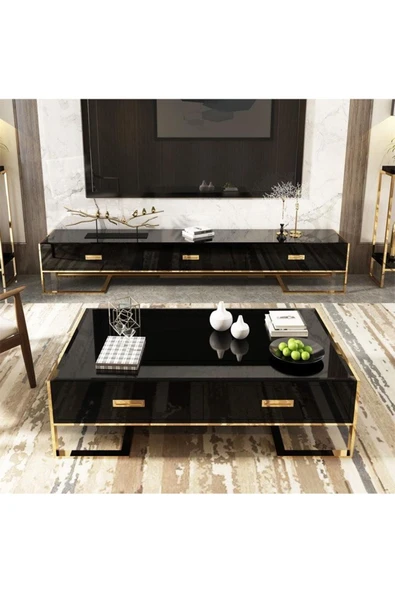 Hitit Dekorasyon Barbara Gold Metal Siyah Tv Ünitesi - 6
