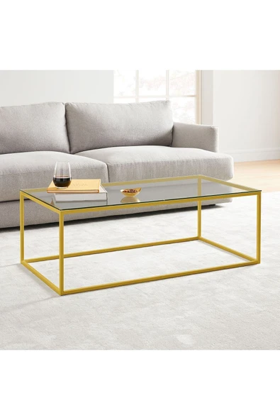 Hitit Dekorasyon Stream Metal Orta Sehpa Sarı Ayak Şeffaf Cam